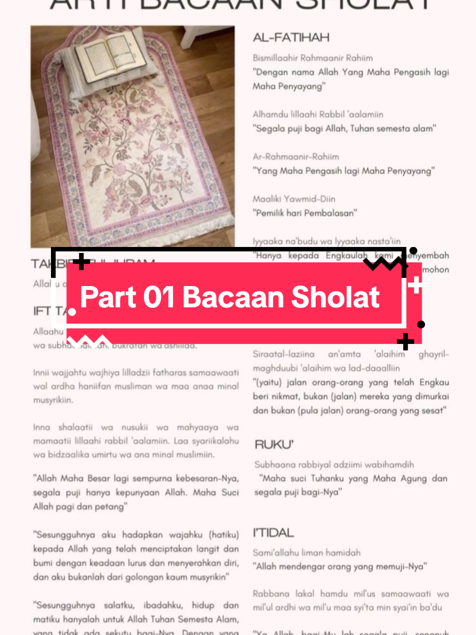 🌙 Deskripsi Bacaan Sholat Lengkap dan Maknanya Sholat adalah ibadah utama umat Islam yang terdiri dari gerakan dan bacaan tertentu. Setiap bacaan dalam sholat memiliki makna yang mendalam sebagai bentuk penghambaan kepada Allah SWT. --- 🕋 1. Takbiratul Ihram Bacaan: Allahu Akbar Artinya: “Allah Maha Besar.” ➡️ Menandakan kita mulai menghadap Allah dan meninggalkan urusan dunia sejenak. --- 🌿 2. Doa Iftitah Bacaan (pendek): Allahu akbaru kabīran, walhamdu lillāhi katsīran, wa subhānallāhi bukratan wa ashīlā. Artinya: “Allah Maha Besar dengan sebesar-besarnya. Segala puji bagi Allah sebanyak-banyaknya, dan Maha Suci Allah di waktu pagi dan petang.” ➡️ Sebagai ungkapan pujian kepada Allah sebelum membaca Al-Fatihah. --- 📖 3. Surat Al-Fatihah Surat pembuka dalam setiap rakaat. Makna: Doa memohon petunjuk dan rahmat Allah agar selalu berada di jalan yang benar. --- 🌹 4. Rukuk Bacaan: Subhāna rabbiyal ‘azhīm (3x) Artinya: “Maha Suci Tuhanku Yang Maha Agung.” ➡️ Bentuk penghormatan dan kerendahan hati di hadapan Allah. --- 🌙 5. I’tidal Bacaan: Sami‘allāhu liman hamidah Rabbana wa lakal hamd Artinya: “Allah mendengar orang yang memuji-Nya. Ya Tuhan kami, bagi-Mu segala pujian.” #Bacaansholat #kuotesislami #fypage #islamic_video 