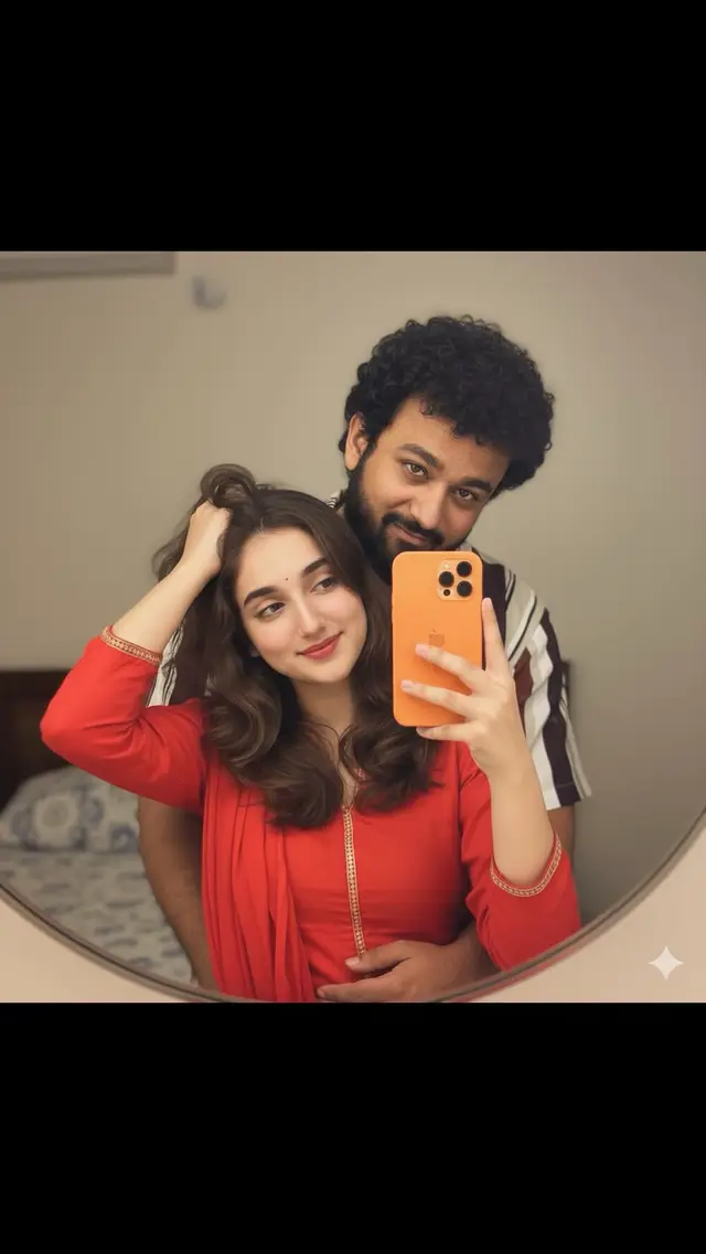 Hug 🤗 your girl friend with Iphone 17 pro max 😛#foryou #rebibalochh #balochisongs #trending #viral Use a reference photo a boy with the exact same 100% match face and hugging his lover from behind. The girl is slightly shorter than him and has her head resting gently on his chest and wear red suite. One of her hands is placed on his hair, and with the other, she is holding a orange iPhone 17 Pro Max in front of a mirror. The boy's face is half-visible in the mirror reflection, looking at the camera with a confident and seductive gaze