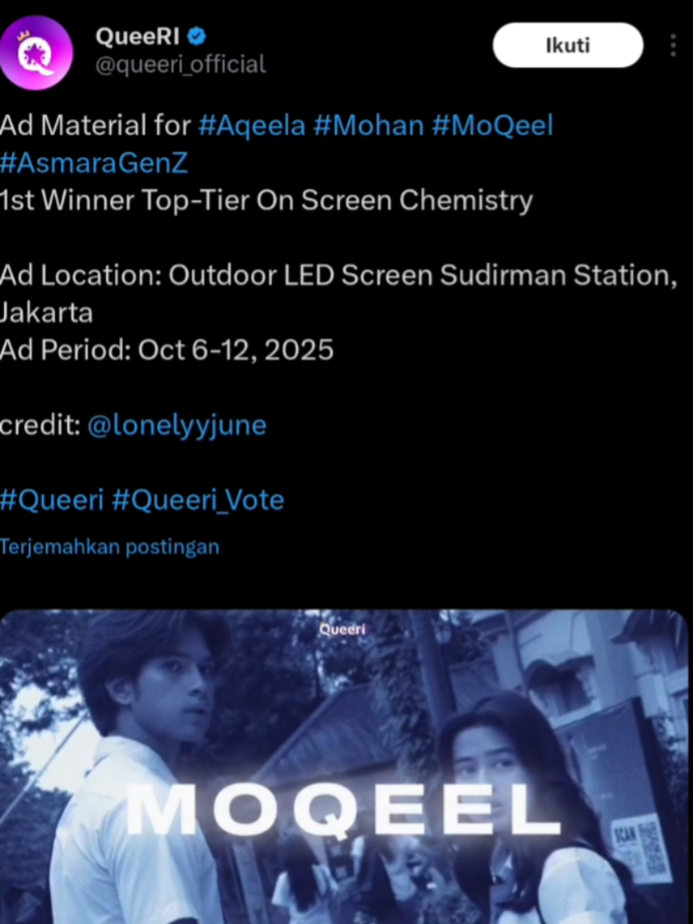 LED Queeri buat MOQEEL start 6 Oct 2025. Ramaikan..  Congrats sekali lagi buat @Aqeela Aza Calista  & @arya mohan 🎉🎉🎉 #moqeel #aryamohan #aqeelacalista #queeri