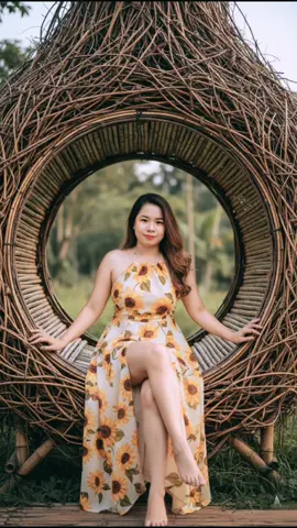 GEMINI AI Prompt 🌻 How to create: 1st: Open Gemini Ai 2nd: Upload Photo 3rd: Paste prompt PROMPT: Ultra photorealistic fashion portrait of the same person from the reference photo, identity locked (do not alter facial features). A woman is the main subject, seated within a large, circular nest-like structure made of bamboo. She appears to be in her late twenties or early thirties. The woman is wearing a flowing, light-colored dress adorned with a haltered dress sunflower pattern and has a thigh-high slit, revealing her legs. Her long, wavy brown hair cascades down her shoulders. #geminiai #newtrend #geminiaiprompt 
