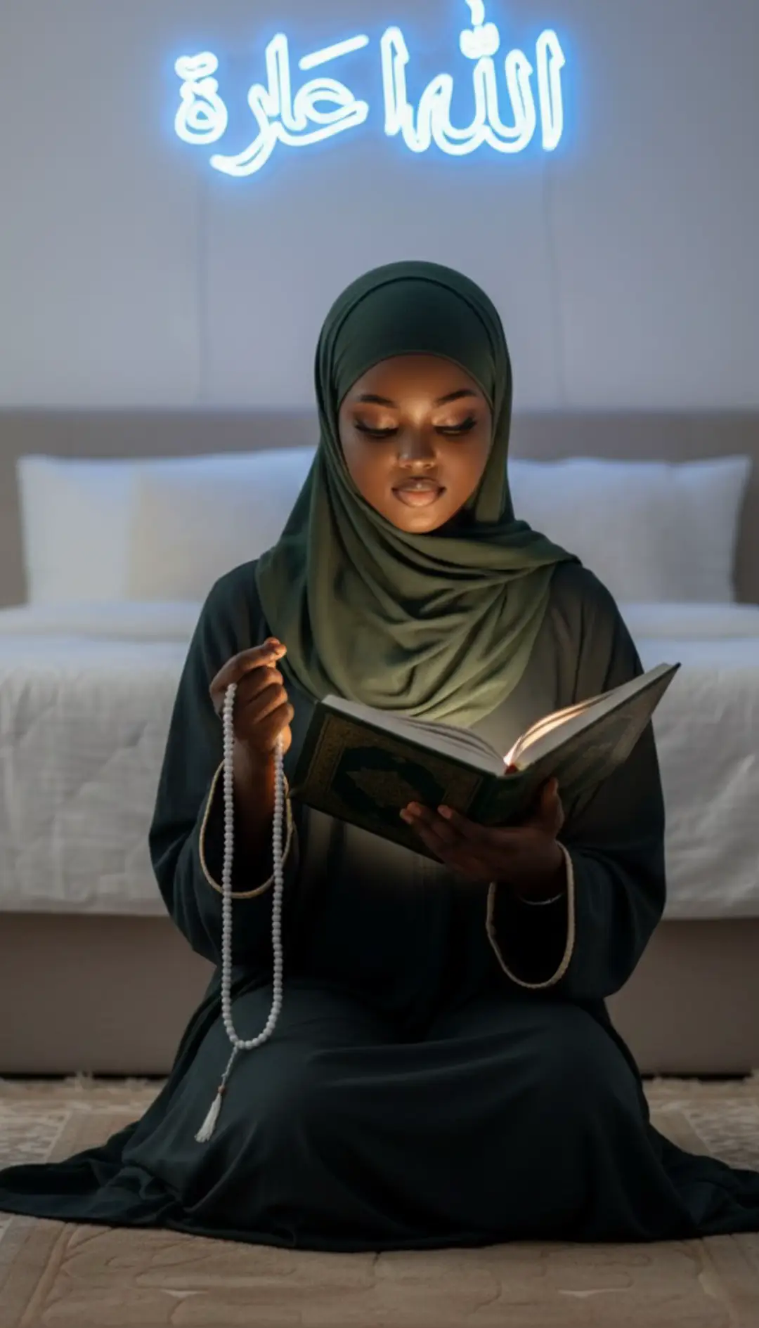 Crée une image ultra réaliste en 8K de la personne sur la photo assise sur un tapis de prière dans une chambre paisible et moderne, éclairée dans des tons blancs et doux. Elle tient dans ses mains un grand livre coranique ouvert, baigné d'une lumière chaleureuse venant de la page. Dans son autre main baissé, un chapelet long (sebha) glisse doucement entre ses doigts. Derrière elle, le mur affiche une enseigne lumineuse Allah Akbar 