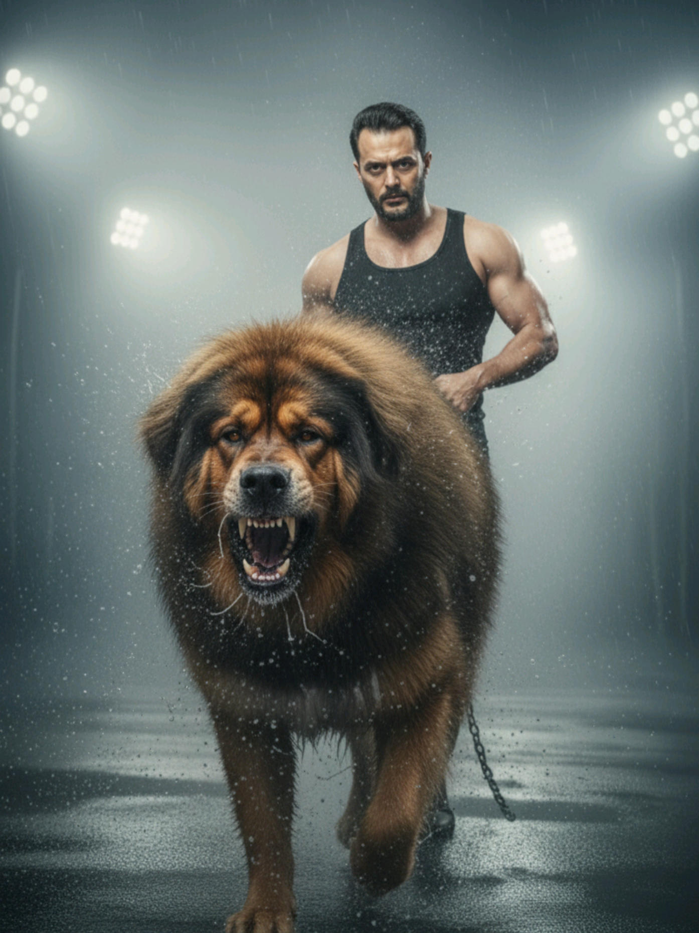 #CapCut #GeminiNano #DigitalArt #AIArt #gemin Prompt: Ultra-detailed 8K cinematic portrait of a massive Tibetan Mastiff in full attack, lunging forward, snarling with bared fangs, spitting saliva, long thick fur flying from motion, claws digging into wet pavement. Behind the dog, a man with 100% accurate facial features from the uploaded reference grips a heavy oversized chain tightly with both hands, forearm muscles flexed, pulling with full strength. Dense cinematic fog swirls around them and interacts with the dog’s fur, partially obscuring the background. Scene set on a wet street after rain, with dramatic stadium-style lighting cutting through the fog and reflecting off shiny pavement; the light sculpts the man’s facial expression and muscle definition, highlighting the dog’s ferocious presence. Raindrops and splashes add cinematic texture and motion. Ultra-realistic, razor-sharp textures, perfect lighting. 9:16 aspect ratio.