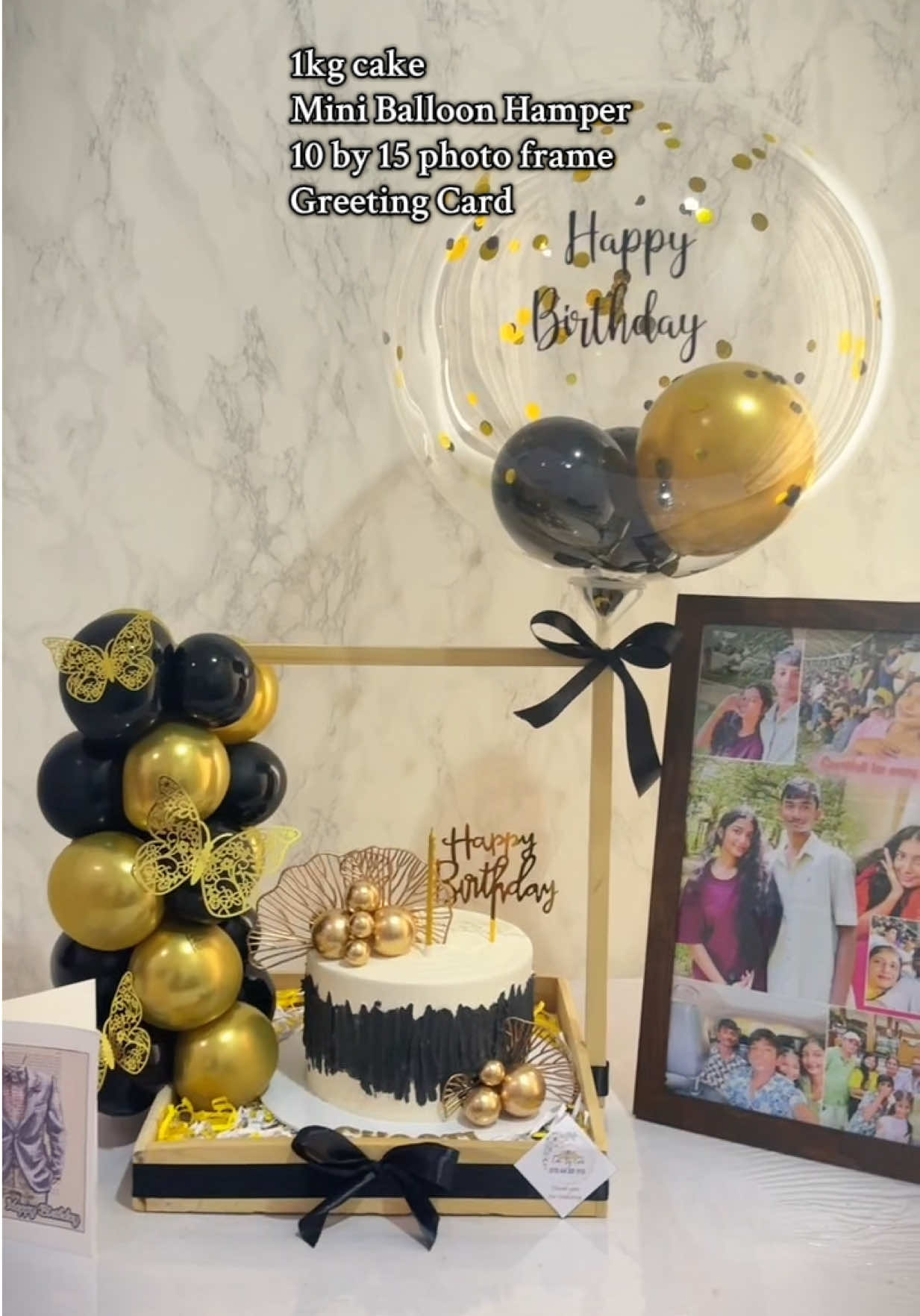 1kg cake 💛🖤 Mini Balloon Hamper 10 by 15 photo frame Greeting Card #cakebylochi #birthdaysurprise #blackandgold #srilankan_tik_tok🇱🇰 #customcakes 
