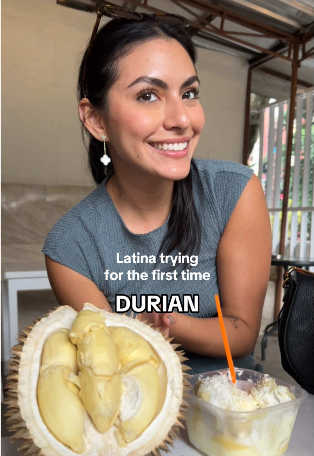 Indonesian laughing 🤣 in the back 🫣💘 such an interesting fruit,  it doesn’t taste how it smells haha  #tryingnewfood #durianfruitchallenge #durian #indonesianfood #reactingtodurian  