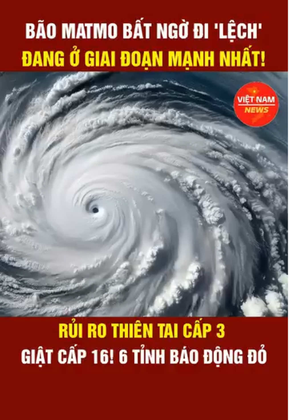 Ngay lúc này, Bão Matmo đang trong giai đoạn mạnh nhất, cường độ giật cấp 16, di chuyển rất nhanh cấp độ rủi ro thiên tai cấp 3, 6 tỉnh báo động đỏ, người dân tuyệt đối không chủ quan.