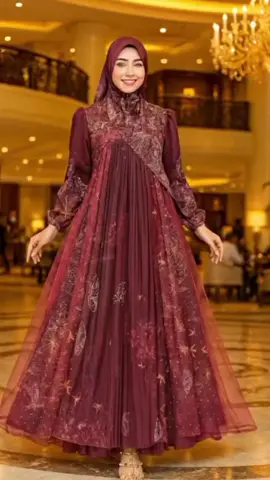Tampil memesona dengan gamis maroon bernuansa mewah ini! Detail tulle berlapis dan motif lembutnya memberikan sentuhan glamor yang elegan — sempurna untuk acara malam atau pesta. ✨💫 #gamismuslimah #eleganthijab #fashionmuslimah #ootdhijab #ootdkece