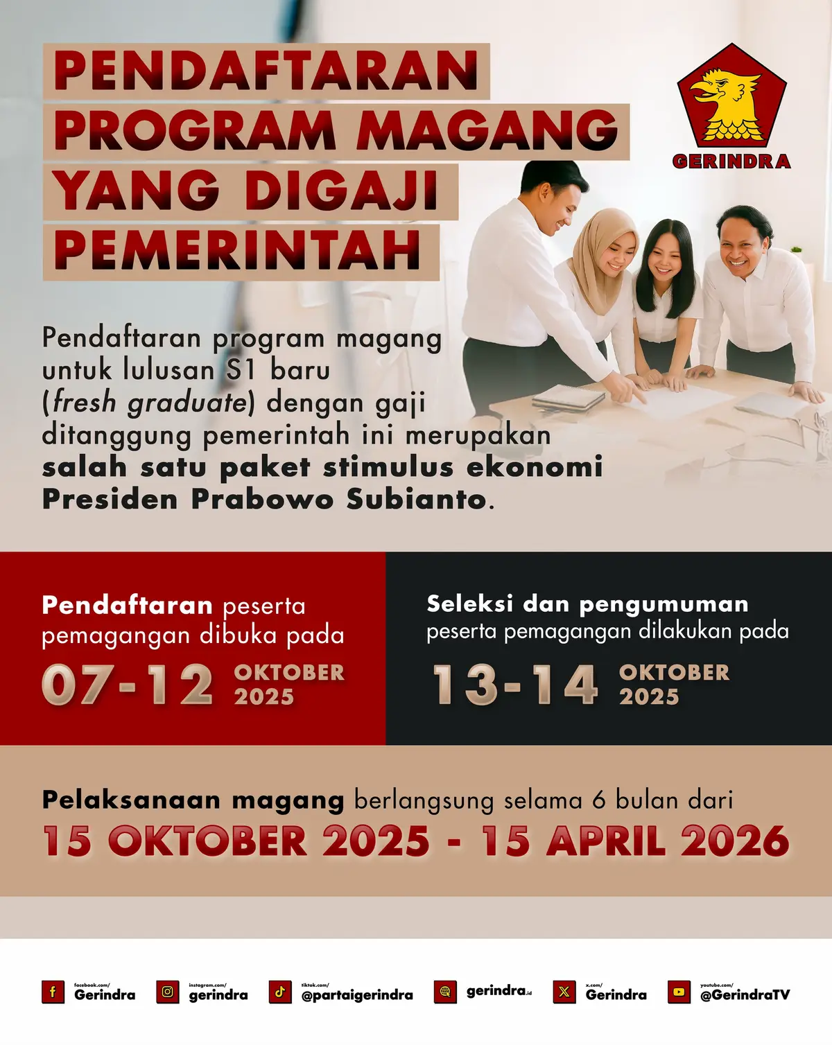 Sebanyak 544 perusahaan swasta dan BUMN telah masuk ke dalam daftar penyelenggara program ini. Ayok ikutan! Jangan lupa disimak syarat dan ketentuannya, ya! #gerindra 