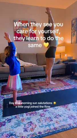 Day 6 🌞- I started this routine to ground myself before the chaos of the day. Now I see it’s becoming part of her story too. They don’t do what we say, they mirror what we model. I want her to grow up knowing that caring for your body, your breath, and your peace is strength. #HealingJourney #dailyyoga #MomsofTikTok #fyp