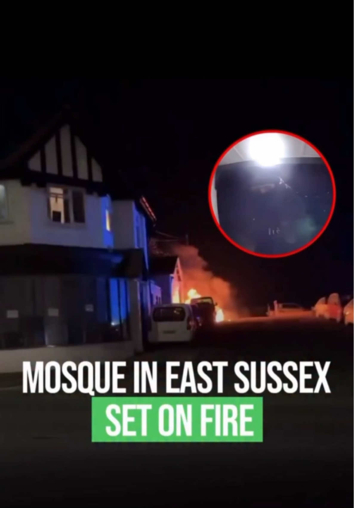 A mosque in East Sussex, UK was damaged in an arson attack after masked terrorists set fire to it whilst two worshippers were still inside. The Peacehaven Community Mosque caught the terrorists on the doorbell camera which showed them pour liquid at the entrance and also a parked car outside before setting it alight. The worshippers managed to escape unharmed.