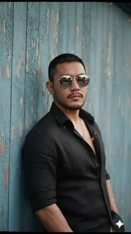 Photographic portrait of a young, attractive man (using uploading image) appearance, wearing round mirrored sunglasses, a well-groomed thin trimmed beard. He wears a dark grey shirt, open at the chest, conveying a relaxed yet elegant style. The man is leaning against a distressed blue wooden wall with a rustic texture, which adds an artistic tone to the scene. The lighting is natural, warm, and soft, highlighting the contours of his face and the reflections in his glasses. The mood of the image is that of a coastal summer, with a relaxed, stylish, and cinematic atmosphere, reminiscent of men's fashion editorials. #promptai #promptgemini #gemini #fyp #trending 