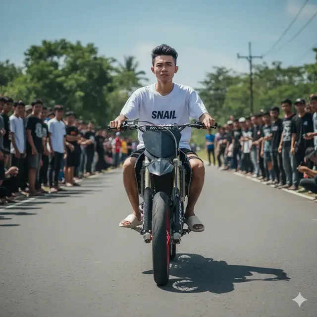 prompt  Seorang pemuda(gunakan wajah dan gaya rambut sesuai foto terlampir jangn di rubah ubah) sedang mengendarai motor Kawasaki KLX  modifikasi di jalan aspal terbuka dengan suasana ramai. la mengenakan kaos putih polos merek SNAIL oversized, celana pendek hitam, serta sandal putih model slip-on. Ekspresinya terlihat serius dan fokus ke arah depan. Motor yang dikendarainya merupakan motor Kawasaki KLX, knalpot racing, serta velg berwarna merah metalik. Bagian stang motor tanpa spion, Di latar belakang tampak sekelompok orang, kebanyakan anak muda, mengenakan kaos santai berwarna hitam, putih, biru, dan abu-abu, beberapa memakai topi. Mereka berdiri di pinggir jalan, sebagian tersenyum, berbicara, dan memperhatikan pengendara motor. Suasana di luar ruangan pada siang  hari cerah, dengan pepohonan hijau dan langit biru samar di kejauhan. Efek foto menggunakan lensa dengan depth of field rendah (bokeh), membuat subjek motor dan pengendara fokus tajam sementara latar belakang terlihat  #geminiai #fyp 