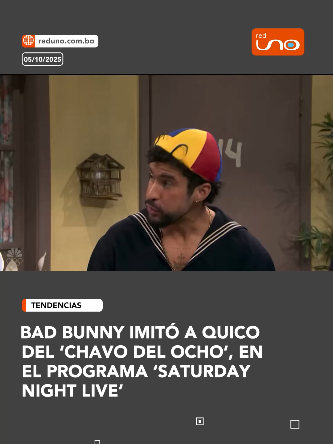 #Tendencias l Bad Bunny imitó a Quico, del 'Chavo del Ocho' en el programa estadounidense 'Saturday Night Live', acompañado de otros actores y celebridades. Visita reduno.com.bo #RedUno #BadBunny #Gracioso
