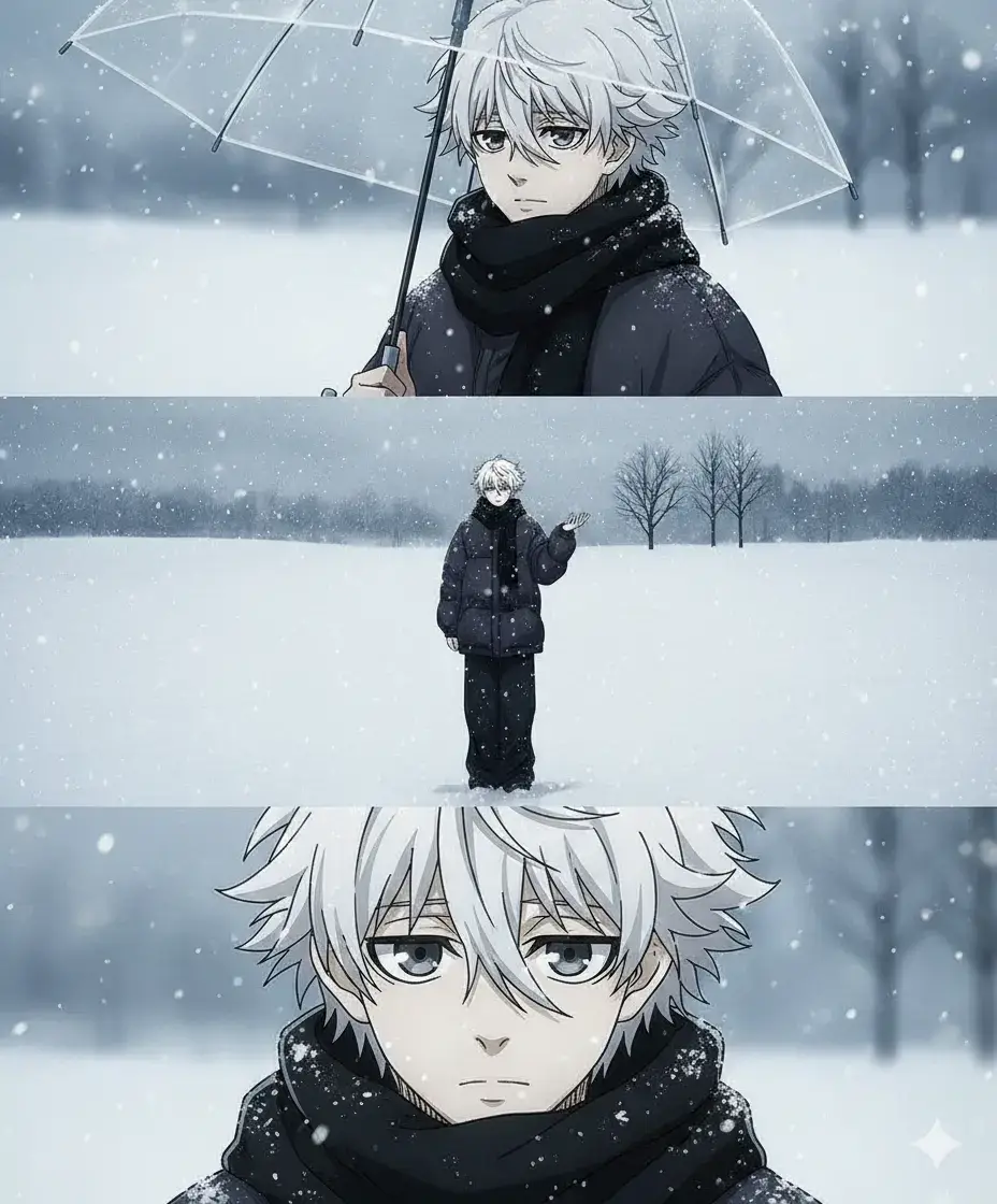 #bluelock #fyp #anime #ai Create a vertical frame size2160x3840 pixeis 4K Do not change the original face. quality divided into three equally sized horizontal images placed together The main character is based on the reference face hairstyle and body a young figure with an expression of sadness and nostalgia deep eyes radiating loneliness The outfit is a loose winter puffer set with wide leg pants and a black scarf The overall atmosphere is covered in white snow with a cold color palette that evokes melancholy and solitude Image 1. portrait The character holds a transparent umbrella turning their head slightly back while looking directly at the frame The expression is sorrowful with soulful eyes The background is blurred with snowy whiteness Image 2. full body The character with the umbrella stands alone in a vast snowy field walking while gazing at the sky The camera angle looks downward from above as if the character is raising a hand to catch falling snowflakes In the distance a few bare leafless trees stand The scene conveys smallness and isolation against the vastness of nature Image 3. closeup A zoomedin shot of the characters eyes with a distant sorrowful gaze that evokes feelings of loneliness and yearning