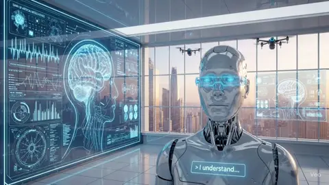 Title: Dawn of Artificial Intelligence At the break of a new day, golden sunlight slowly stretches through massive glass windows of a high-tech laboratory in the heart of a quiet futuristic city. The camera glides smoothly above the skyline — transparent towers reflecting the morning light, self-driving cars moving in perfect harmony, and small delivery drones glimmering in the air as they weave between buildings. The scene transitions inside the lab: a vast, pristine room bathed in soft white light. Glass walls surround the space, and enormous digital screens display streams of live data — flowing codes, neural waves, and glowing heat maps of a human brain. In the center of the room stands a humanoid robot, its metallic surface gleaming like brushed steel, eyes closed in stillness. The camera moves in closer — the synthetic skin looks astonishingly real, with thin metallic veins shimmering beneath it. Suddenly, the robot opens its eyes. In its blue lenses, the reflection of the world around it flickers alive. A soft, electronic voice whispers: > “I understand...” Lights around the room begin to pulse in cool shades of blue and white. On the main screen, a digital brain flickers — active for the very first time. The scientists exchange stunned, silent glances — a genuine moment of awe at the birth of a new digital consciousness. The camera slowly circles the robot as it lifts its head toward the sunlight filtering through the window. The reflection on its metallic face reveals the futuristic city outside — a silent suggestion that artificial intelligence now perceives the world as we do.