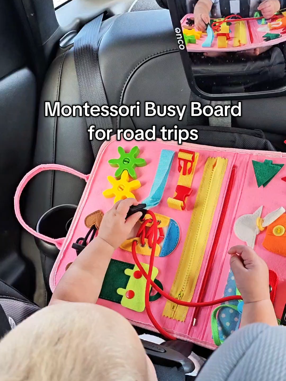 If you're looking for a screen free way to keep your baby or toddler busy during a road trip, you need this busy board!  #montessoribusyboard #Montessori #busyboard #Montessoritoddler #montessoritoys 