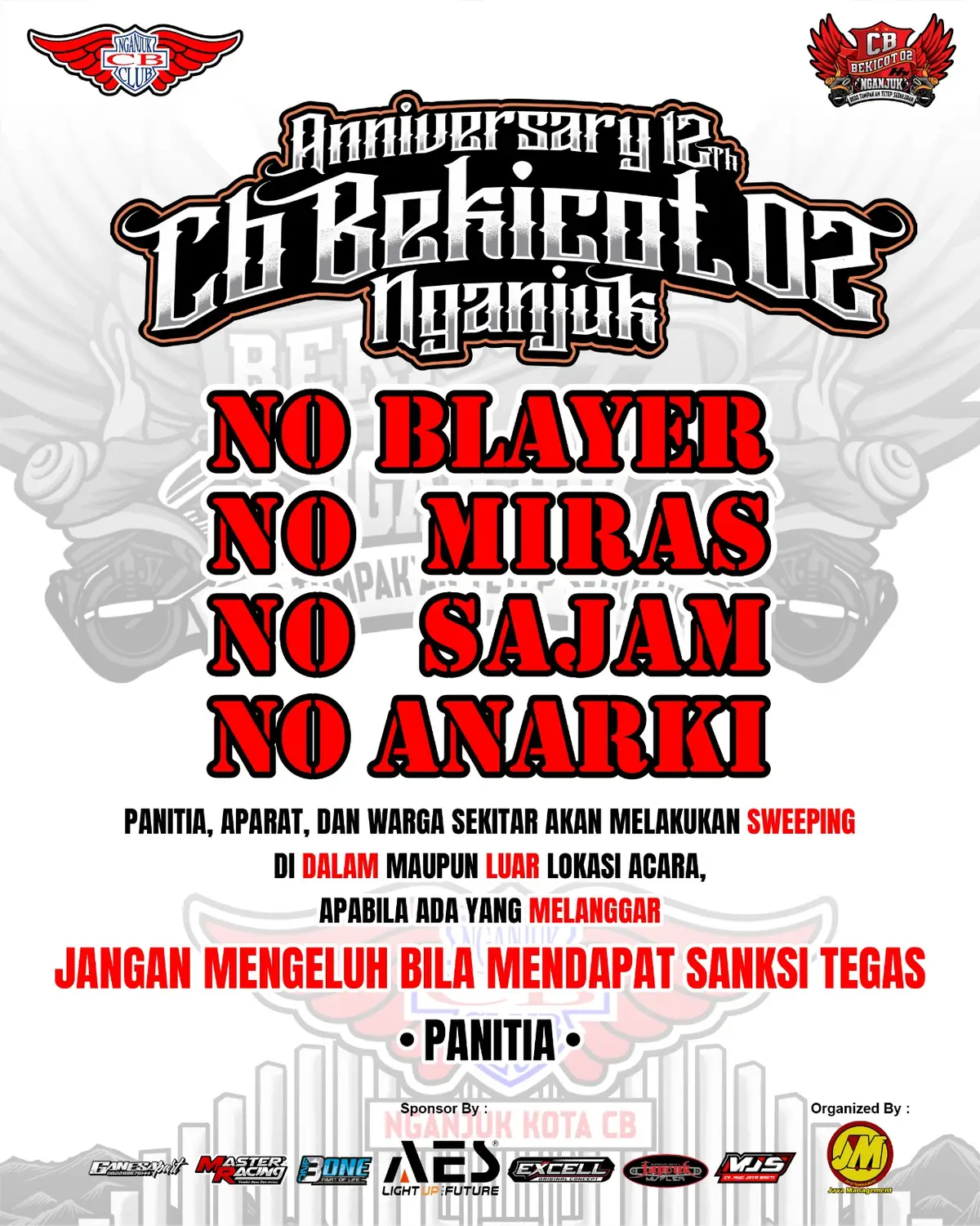 Mohon di patuhi dan di jalankan segala bentuk aturan yang panitia berikan demi sukses nya acara agar berjalan dengan kondusif.  Segala bentuk pelanggaran akan ditindak secara Tegas!!!  #cbnganjuk  #cbnganjukbersatu  #stayonthetrack  #cbbekicotnganjuk  #anniv12thcbbekicot02nganjuk 