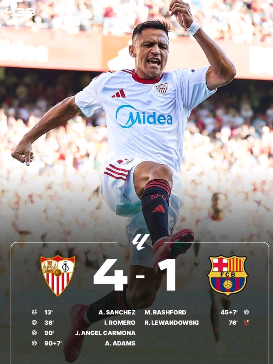 FT: SEVILLA 4-1 BARCELONA 😅 Sevilla mengalahkan Barcelona 4-1 di La Liga, dengan gol dari Alexis Sanchez dan Isaac Romero. Barcelona mencetak gol lewat Marcus Rashford. #barcelona #sevilla #laliga 