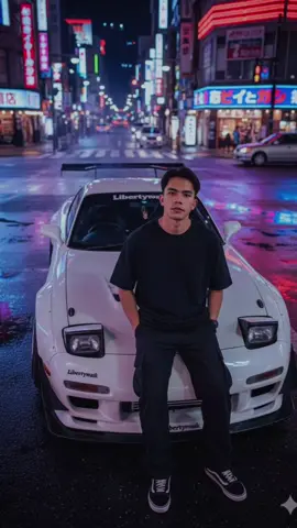 Mazda RX-7 1. Buka Chat Gemini 2. Upload foto di galeri 3. Gunakan prompt ini : Prompt Foto Pria & Mobil Mazda RX-7 Subjek Utama: Seorang pria muda dengan wajah realistis (sesuai refrensi foto). Mengenakan kaos oversize hitam polos, celana cargo oversize, dan sepatu Vans old school klasik. Sedang duduk di atas mobil dengan tangan di masukan ke saku celana, dengan kepala menengadah ke atas (kamera mengambil dari sudut birdview, tampak dari atas). Ekspresi wajah tenang namun berkarisma, menggambarkan suasana reflektif atau penuh gaya jalanan. Mobil: Mazda RX-7 Libertywalk putih, dengan tulisan Libertywalk. full modifikasi gaya JDM, seperti mobil legendaris di film Fast & Furious (bodi lebar, spoiler besar, velg racing, lampu depan khas pop-up, cup carbon fiber dan detail carbon fiber lainnya). Warna mobil mengikuti versi modifikasi RX-7 (Libertywalk). Permukaan mobil mengilap dengan pantulan lampu neon kota di sekitarnya. Lokasi & Suasana: di Persimpangan Jepang di malam hari, dipenuhi cahaya neon signage berwarna merah, biru, dan ungu dari toko-toko dan papan iklan. Tambahkan asap tipis di jalanan dan pantulan cahaya neon di aspal basah, menciptakan atmosfer dramatis dan estetik. Teknis & Gaya Foto: Sudut kamera birdview (dari atas) dengan komposisi fokus pada pria dan mobil. Gunakan lensa ultrawide agar tampilan kota tampak luas. Pencahayaan sinematik malam hari, dengan kontras tinggi dan efek bokeh lembut di latar belakang. Tambahkan sedikit motion blur pada cahaya untuk memberi kesan hidup dan realistik. Gaya foto ultra-realistis, high quality, 8K resolution, rasio 3:4, dengan detail tajam pada wajah, pakaian, dan mobil. #jdm #mazdarx7 #foryoupage #gemini#ai 