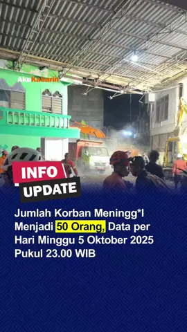 Proses pencarian dan evakuasi korban ambruknya mushala Pondok Pesantren Al Khoziny di Sidoarjo, Jawa Timur, masih terus berlangsung hingga Minggu (5/10/2025). Korban ditemukan di antara reruntuhan bangunan. Untuk mengevakuasi korban, tim SAR harus mengangkat puing-puing dan memotong rangka bangunan yang roboh. Hingga kini, total 50 santri ditemukan meningg*l dunia. #beritaviral #infoviral #viralhariini #fyp #akukabarin 