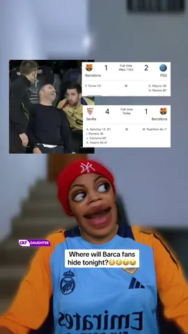Wednesday: 2-1 defeat to PSG 😂 Sunday: 4-1 defeat to Sevilla 😂 Barcelona have now lost back-to-back games for the first time since December 2024 e sweet me 🥰💃💃😂 #hansiflick #barcelona #halamadrid #psg #SportsOnTikTok 