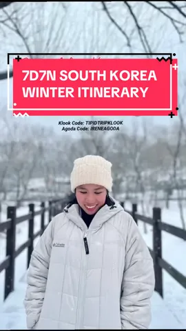 7D7N South Korea Winter Itinerary Travel Dates (Jan25-Feb1, 2025) Day 0 ✈️ Late Night Arrival & Check-in Day 1 - Vivaldi Ski + Snowyland (Klook) Day 2 - Eobi-Nami-GOMC (Klook) Day 3 - Cafe Pokpo + War Memorial of Korea Day 4 - Changdeokgung Palace + SB Ehwa Day 5 - Namsangol Hanok Village + Myeongdong Shopping Street Day 6 - Eunpyeong Hanok Village Day 7 - Myeongdong Cathedral + Cheongyecheon Stream + Ikseondong ✈️ Late Night Departure Pre-departure reminders: 1. Fillout eTravel & Korea Arrrival Card 2. Pay your travel taxes before proceeding to check-in counter 3. Get a travel insurance (highly recommended but not required) Transportation Options from Incheon: 1. Private airport transfer (most convenient) 2. Bus 3. AREX (cheapest) 4. Taxi/Uber 🏨 I stayed in Step Inn 1 (this is located near Myeongdong Cathedral & within the shopping street) 🛜 eSim booked on Klook ❄️ Tours booked on Klook #southkorea #seoul #winter #seoultravel #korea  