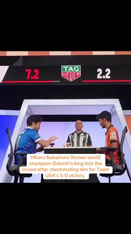 During the Checkmate India vs. USA chess exhibition on Oct. 5, 2025, Hikaru Nakamura delivered a lightning-fast checkmate against reigning world champion D. Gukesh in a bullet match, sealing Team USA’s 5–0 sweep. The viral 20-second clip shows Nakamura theatrically tossing Gukesh’s black king into the audience — a bold gesture sparking both cheers and criticism. Fans say it adds showmanship to modern chess, while purists call it unsportsmanlike. Analysts note gestures like this can boost viewer engagement by up to 40%, reflecting chess’s evolution into a true spectator sport.  #HikaruNakamura #gukesh #Chess #teamusa #checkmate 