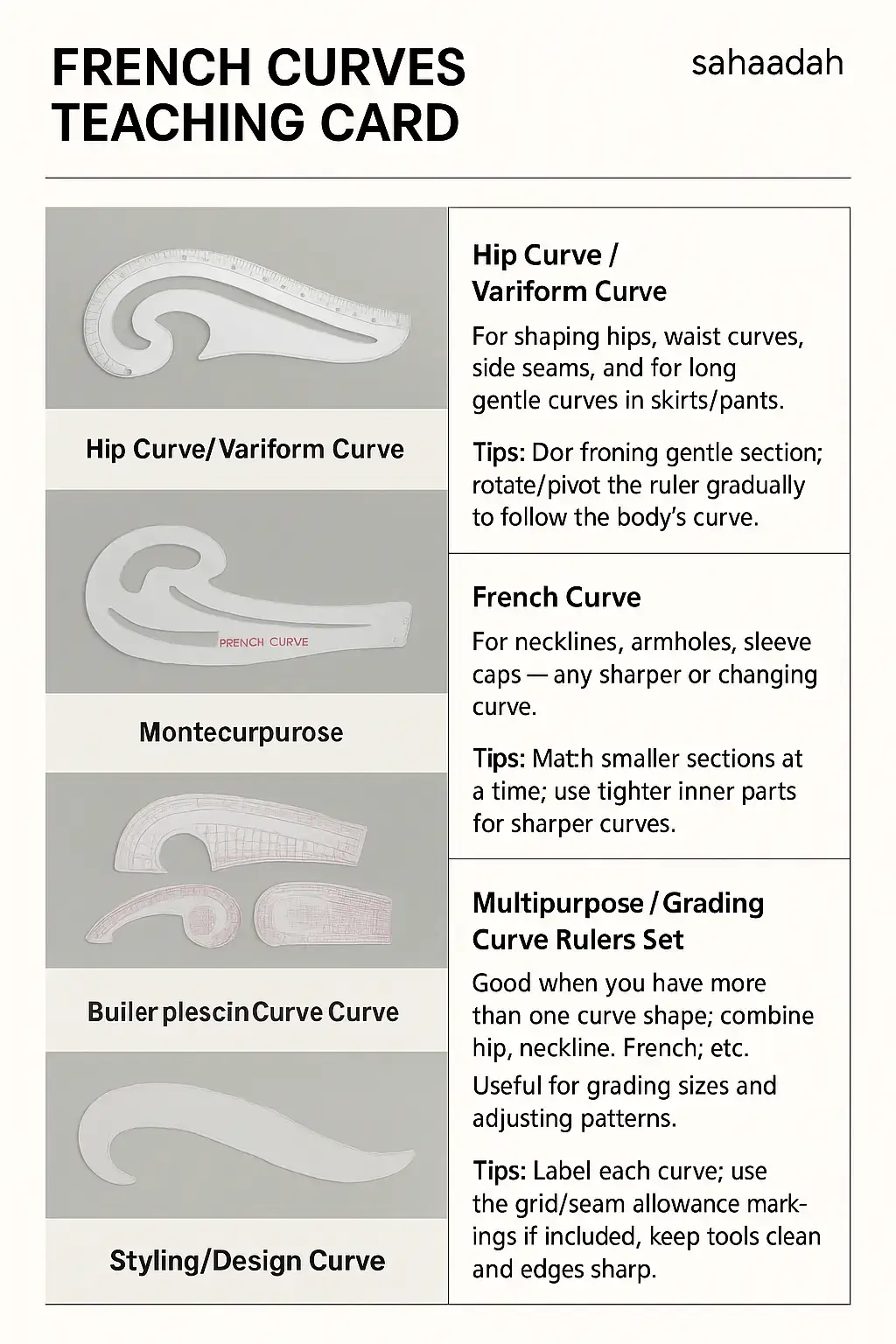 Every perfect curve starts with the right tool✨ Master these French curves and take your sewing profession to the next level 👗👔 #sahaadah_ #sewingcommunity #fashioneducation #sewingtools #dressmaking 