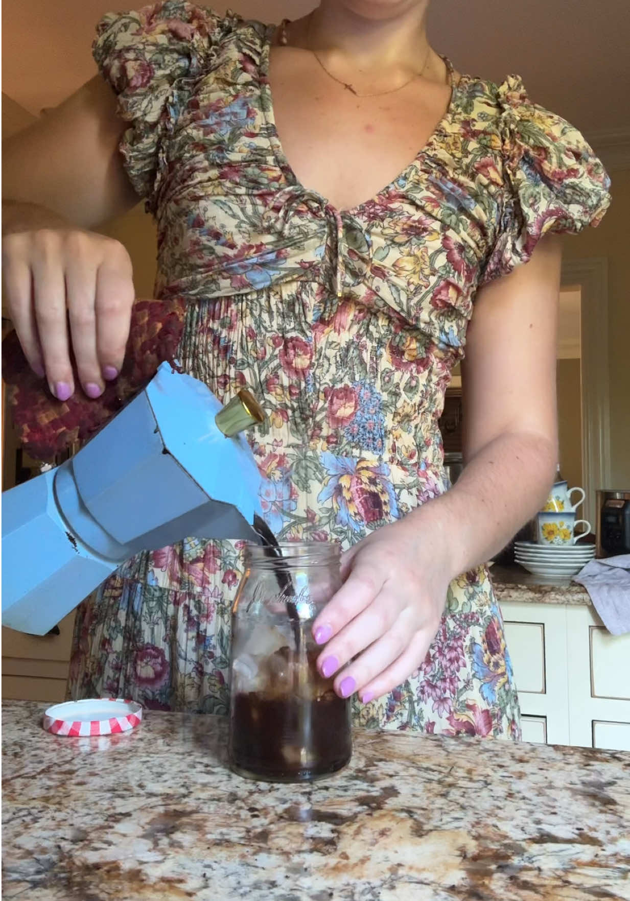 ok but my moka pot matching my dress 😭🫶🏻 also longest coffee name goes to this latte😭 #athomecoffee #coffeetok #latte #slowmorning  @Jim’s Organic Coffee #mokapot  @nutpods @Trader Joe's @HOH dress, @Stop and Shop 