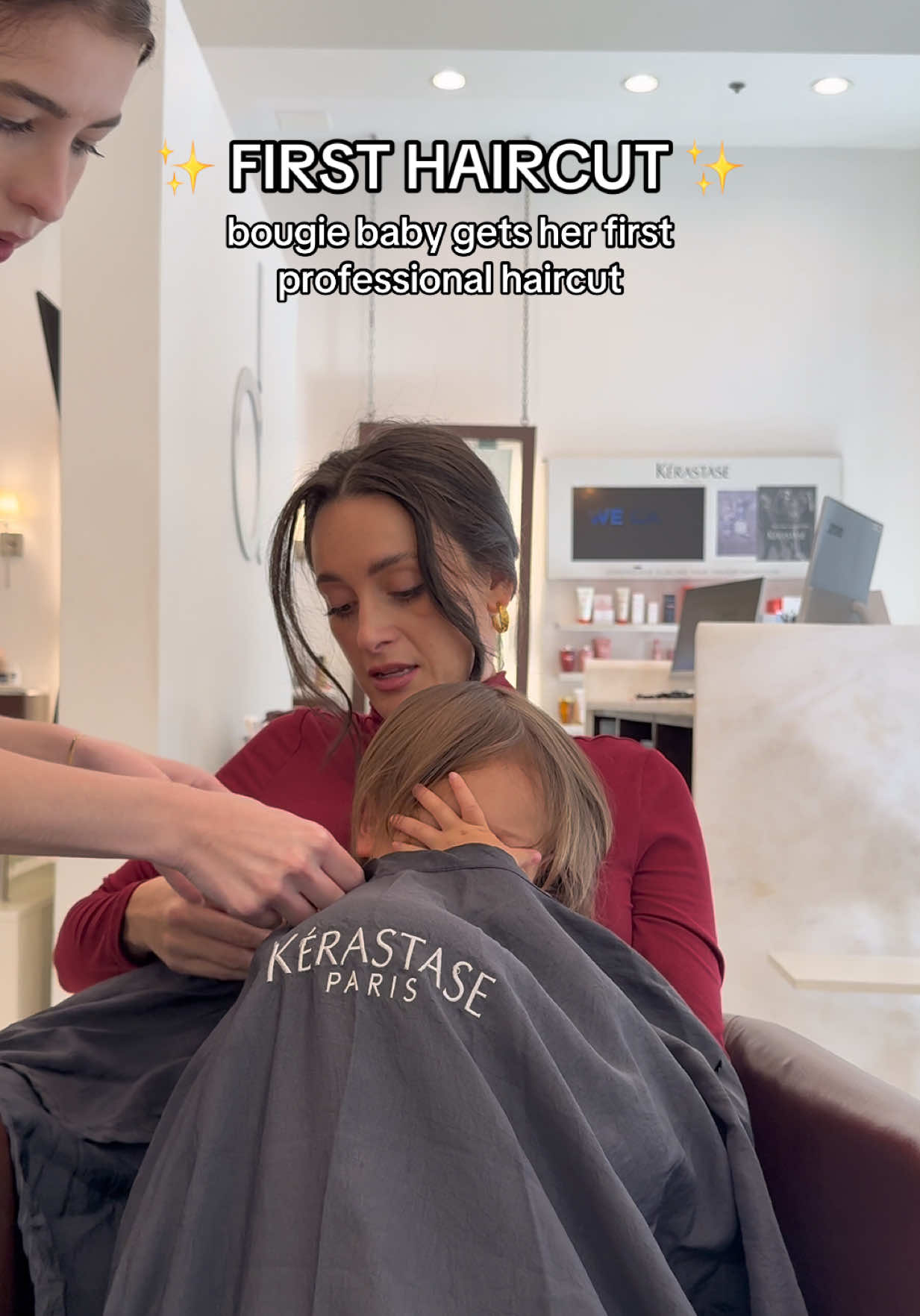 They were so sweet and even had everyone stop their blowdryers so she could have a moment to warm up 🥺 We just did a little trim to keep things growing evenly.  #MomsofTikTok #toddlersoftiktok #toddlersbelike #firsthaircut #maciemincey 