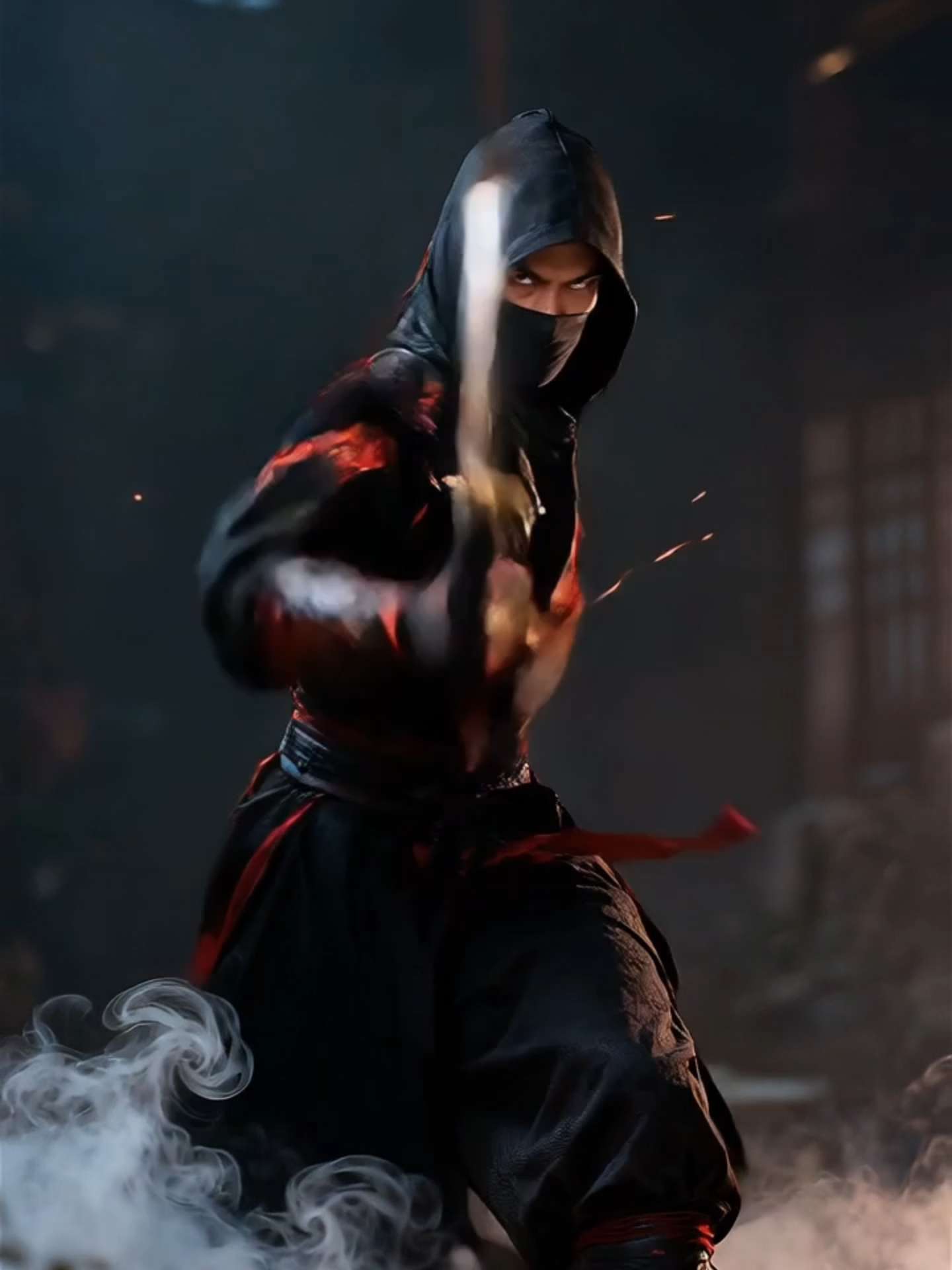 Prompt: A highly cinematic 9:16 sequence of a ninja warrior in a black outfit with red embroidery and flowing highlights. The camera Zooms out in a medium shot, front view, as he tightens his grip on the katana. He first raises the blade vertically in front of his face in a poised, traditional stance, his eyes narrowing with focus. Then, with a sudden burst of motion, he performs fluid katana stunts — a swift diagonal slash that cuts through the air, followed by a smooth spin where the red accents of his outfit whip dramatically in the wind. He twirls the katana with precision, transitioning into a defensive guard, then executes a rapid forward slash and a reverse spin strike. His movements are sharp yet graceful, like a dance of discipline and power. Subtle cinematic details fill the scene: drifting mist at his feet, sparks or embers trailing as the katana slices, and fabric flowing dynamically with each motion. The atmosphere feels tense and heroic, as if the warrior is preparing for an unseen enemy, blending realism with stylized, epic choreography. Ultra-detailed textures, slow-motion accents on key moves, shallow depth of field, dramatic cinematic lighting, hyper-realistic yet fictional style. Modelo: SORA Sons: CLIPCHAMP#clipchamp #ia #googlestudio