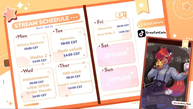 SCHEDULE OCT 6-12! So Peak is gonna be Thursday instead of Tuesday + tues/thurs/fri morning are up in the air waiting for Pokemon collab date! Other than that, we tackling old games! Can't wait to see yall at the cafe! ❤️ #vtubers #VtuberSupport #VTuberUprising ❤️