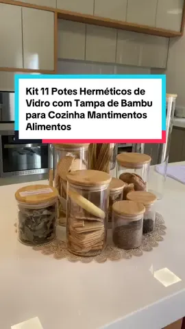 Kit 11 Potes Herméticos de Vidro com Tampa de Bambu para Cozinha Mantimentos Alimentos ##poteshermeticos##potesherméticos##potes##potesdevidro