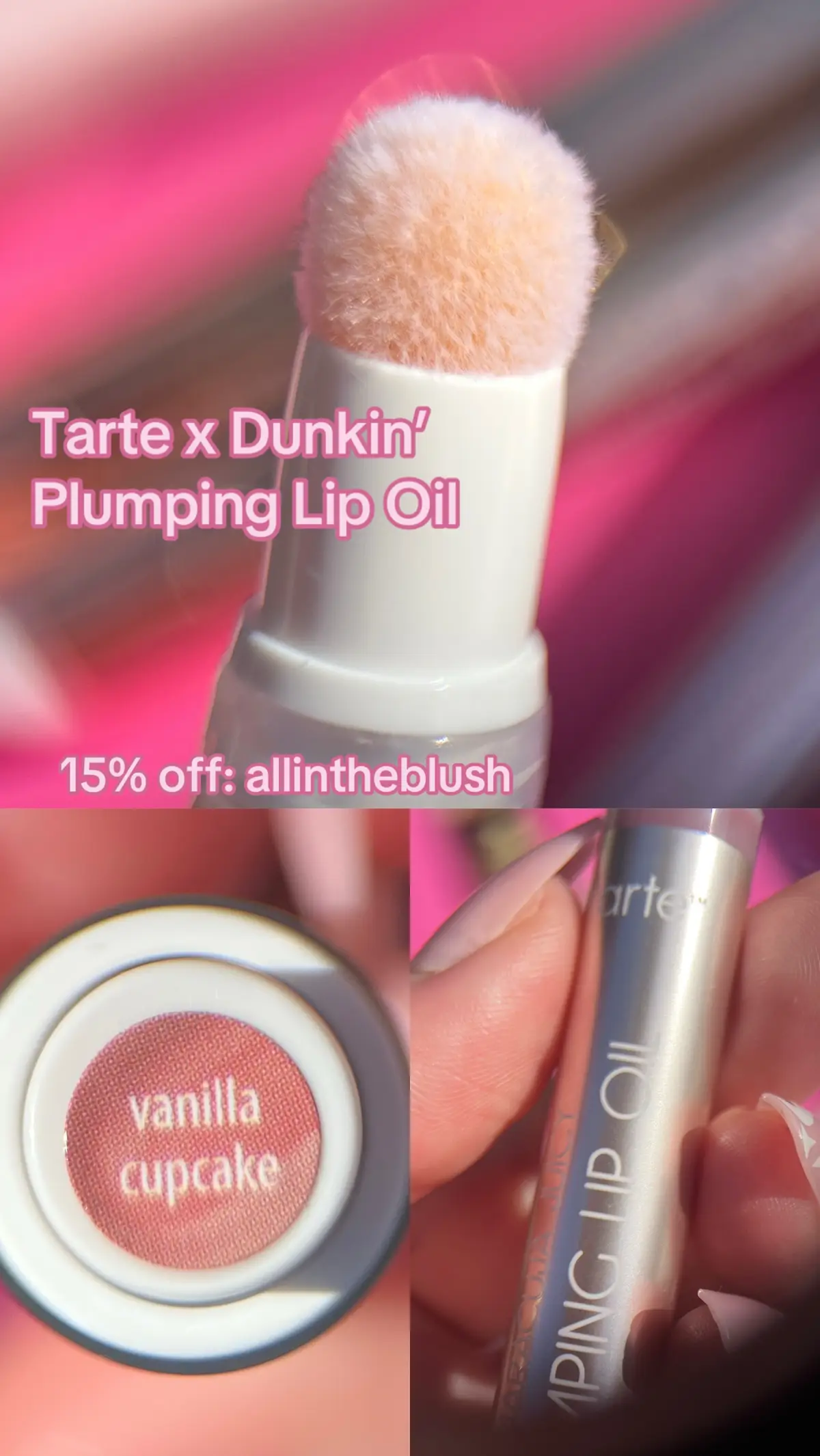 @tarte cosmetics x @Dunkin' “Vanilla Cupcake” Plumping Lip Oil✨ Shop the Tarte x Dunkin’ collection at tartecosmetics.com and save 15% off with code: allintheblush💗 #tarte #tartecosmetics #tartexdunkin #lipoil #dunkindonuts 
