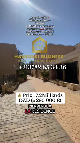 ✨ MANSOURI BUSINESS ✨ À vendre : Villa haut standing située à la prestigieuse Résidence Élios – Belgaïd, une résidence clôturée et sécurisée composée de 50 villas modernes. 📐 Superficie : 256 m² 🏡 3 niveaux : sous-sol, rez-de-chaussée et 1er étage 🚗 Parking privé pour 3 voitures 🔒 Résidence fermée et sécurisée 💰 Prix : 7,2Milliards DZD (≈ 280 000 €) 📹 À la demande du propriétaire, la vidéo complète et les photos détaillées sont disponibles en privé. 👉 Ne manquez pas cette opportunité d’investissement rare ! 📞 Contactez-nous dès maintenant au : 0782853436  #oran #belgaid #villa #villaluxe #vente 