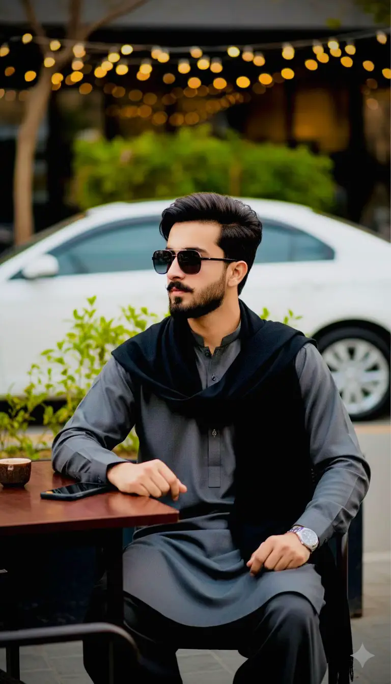1. Open Gemini app 2. Select photo then past prompt Prompt ⤵️ Full-body ultra-realistic portrait of the same young man (use reference face and hairstyle) A handsome Pakistani man in his 20s, wearing a dark gray shalwar kameez and a black shawl, sits confidently at an outdoor cafe table. He has a stylish beard, dark hair, and is wearing sunglasses. In the background, a white car is parked, and string lights are visible, creating a sophisticated and urban atmosphere. He is looking to the side with a calm, composed expression. The photo is well-lit and highlights his modern, elegant style. #googlegemini #gemini #fyppppppppppppppppppppppp #prompt #growmyaccount 
