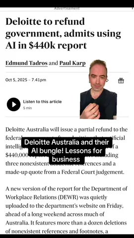 Deloitte Australia deliver a ‘report’ riddled with AI hallucinations, refund last instalment.    Lessons to companies here that you CANNOT send AI generated documents to clients or customers, mistakes are wide and frequent.  Also don’t advertise your AI advantage or else clients will be asking for steep discounts, for now anyway.  Lessons for business..  #leaderbilt #ai #deloitte #christiancunningham #business @Let’s Just Start Podcast 