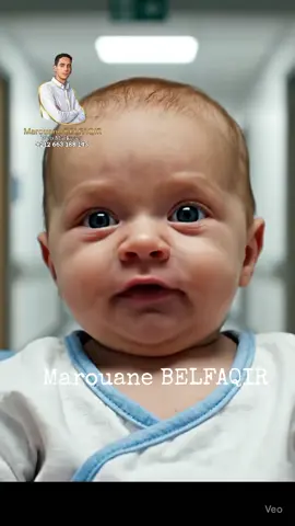 Scene: A three-month-old baby standing in the middle of a hospital corridor, wearing a small hospital gown. The corridor is softly lit by overhead hospital lights, with clean white walls, doors to patient rooms visible in the background, and faint hospital ambient sounds. Camera: Fixed close-up framing the baby's upper body and face, focusing on mouth movements while speaking. No cuts, no camera switching. Voice & Dialogue Directives: The baby's dialogue must be spoken in a tone that is clearly angry and frustrated, with expressive intonation suitable for a baby but understandable words. Lip-sync must be perfectly aligned with the baby's mouth movements. No other voices, no dubbing, no narration. Dialogue (Moroccan Darija): Baby (angry tone): 