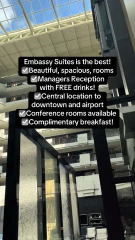 Be sure to check out Embassy Suites when you’re in Charlotte, NC! Spacious rooms, Free drinks at the nightly managers reception, central convenient location, complimentary breakfast, and more! #tiktokgostay #charlottehotels #charlottenc #hoteltok #hoteldeals 