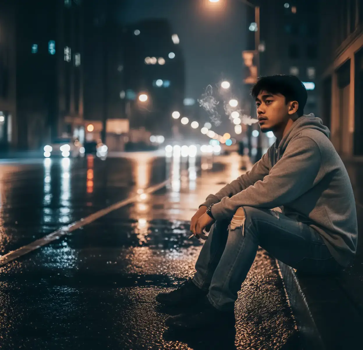 prompt: Buatkan gambar 8k hd high resolution, dengan ukuran Foto 9:16. Tanpa merubah wajah dan gaya rambut.  seorang pria muda Indonesia yang sedang duduk di tepi jalan pada malam hari yang tampak basah karena hujan. Ia mengenakan hoodie abu-abu dan celana jeans robek. Asap mengepul dari mulutnya, menunjukkan bahwa ia sedang merokok atau baru saja menghembuskan asap. Cahaya lampu jalan yang redup dan lampu kendaraan yang buram menciptakan suasana melankolis dan reflektif. Latar belakang menunjukkan bangunan kota yang tidak fokus dengan lampu-lampu yang memantul di permukaan jalan yang basah. #trend #viral #foryoupage #gemini #potoai 