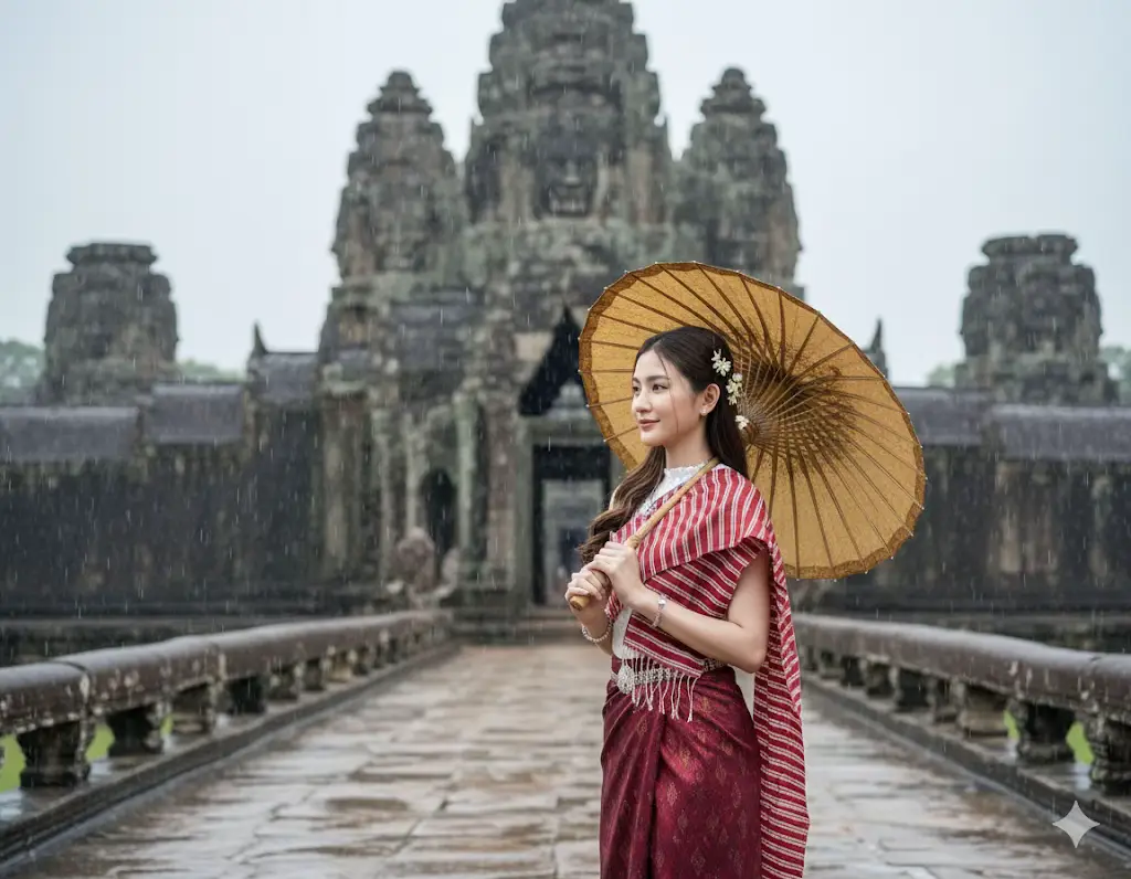 Create a dreamy, romantic portrait of young Cambodian woman with natural makeup (by using the extract same face from the reference image). She has waterfall half a ponytail hair, decorated with small delicate flowers tucked into the strands. She is wearing in a krama Khmer costume. She is accessorized with a small cute necklace and bracelet. She’s holding a Khmer umbrella under raining, standing in front of the victory gate of Angkor Thom, looking at the camera, cinematic photography style, dreamy and nostalgic mood, soft focus, highly detailed, realistic.
