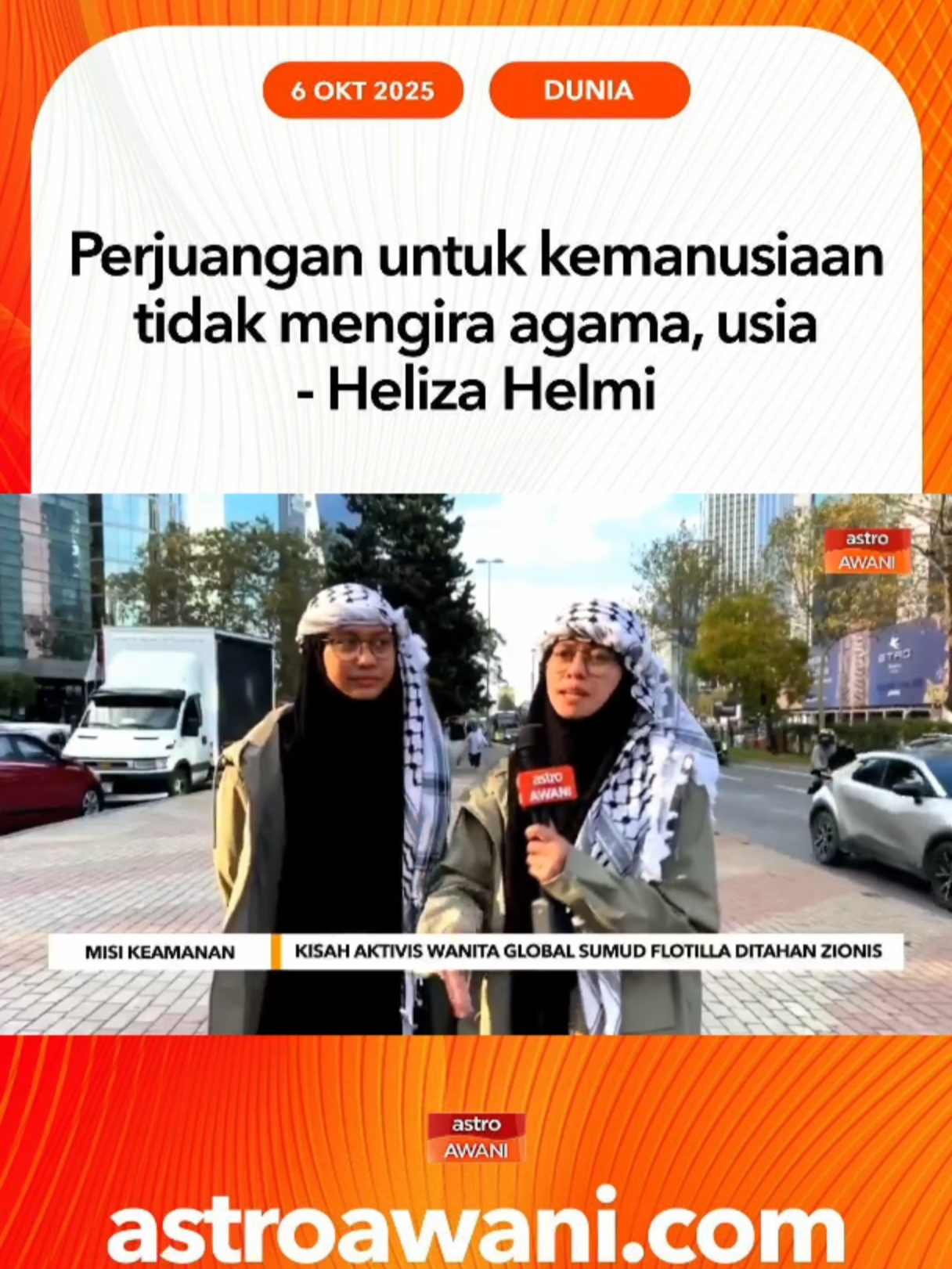 Aktivis Global Sumud Flotilla, Heliza Helmi berasa sebak memmikirkan keperitan dan kesengsaraan yang dilalui penduduk Gaza ketika berada di penjara Israel. Menurut Heliza perjuangan untuk kemanusiaan tidak mengira agama dan usia. #AWANInews