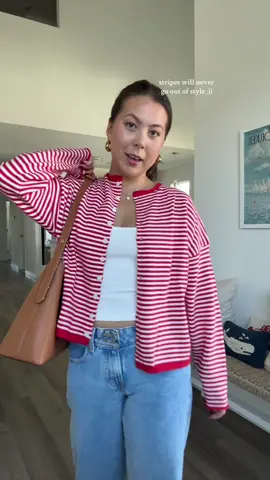 the red stripes are so cute 🤍 wearing a size medium! #cardigan #stripedcardigan #stripedsweater #fallfashiontrends #tiktokshopfalldealsforyou 