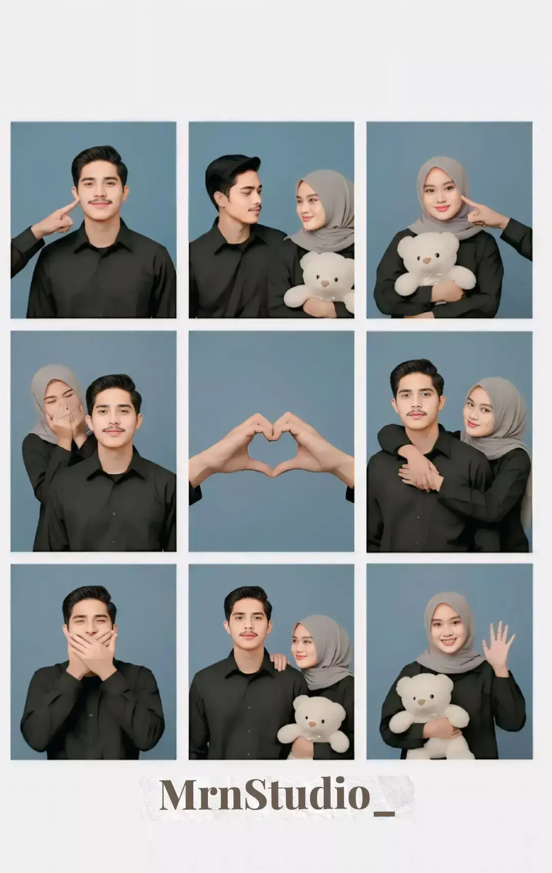 Caranya 🔻🔻🔻  1. Buka google chrome.  2. Ketik Gemini Ai.  3. tekan tanda + lalu masukan Poto 4. klik tanda panah. 5. Semoga wajahnya mirip. 6.kalau wajah tidak mirip pake jasa edit DM atau WA saya. prompt dan teksnya :   Foto kolase prewedding gaya studio berisi sembilan frame persegi, menampilkan pasangan dengan ekspresi ceria dan romantis. Latar belakang berwarna biru polos, pencahayaan studio halus dan merata tanpa bayangan tajam. pasangan mengenakan busana hitam senada: Pria memakai kemeja hitam polos berlengan panjang. Wanita mengenakan hijab abu muda polos, kemeja hitam pudar berlengan panjang, memegang boneka lucu dan gemoy di beberapa pose, dengan riasan lembut natural dan ekspresi manis. Setiap frame menampilkan momen yang berbeda: 1. Frame kiri atas: pria tersenyum sambil pipinya dicubit lembut oleh tangan pasangan yang muncul dari sisi kiri. 2. Frame tengah atas: pasangan berdiri saling berhadapan, pria menatap wanita yang tersenyum sambil memegang boneka lucu dan gemoy. 3. Frame kanan atas: wanita tersenyum menghadap kamera, pipinya dicubit oleh tangan pasangan dari kanan, sambil memegang boneka lucu dan gemoy di dada. 4. Frame kiri tengah: wanita tertawa malu di belakang pria yang tersenyum tenang, pose manis penuh keakraban. 5. Frame tengah tengah: tangan pria dan wanita bertemu di tengah membentuk simbol hati cinta di depan latar biru polos. 6. Frame kanan tengah: wanita berdiri di belakang pria sambil memeluk dari belakang, keduanya tersenyum lembut menghadap kamera. 7. Frame kiri bawah: pria menutupi mulutnya dengan kedua tangan sambil tampak malu atau tertawa, menghadap ke kanan. 8. Frame tengah bawah: keduanya berdiri berdampingan, pria berwajah datar sementara wanita menatapnya dengan senyum kecil sambil memegang boneka lucu dan gemoy. 9. Frame kanan bawah: wanita tersenyum cerah ke kamera sambil melambaikan tangan kanan. Nuansa keseluruhan foto lembut. #geminiai #fyp #polaroid #backgroundbiru #foryoupage 