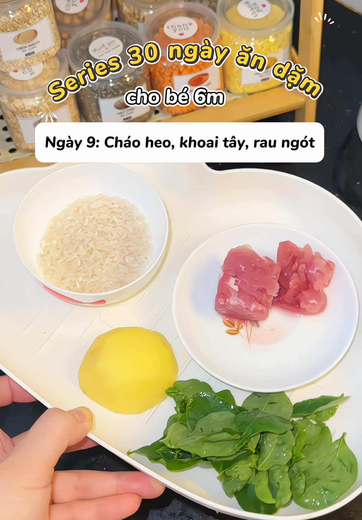 6M - Ngày 9: Cháo heo, khoai tây, rau ngót mix dầu óc chó. #andam #andamcungbe #andamtruyenthong #thucdonandam #mecuacomiu 