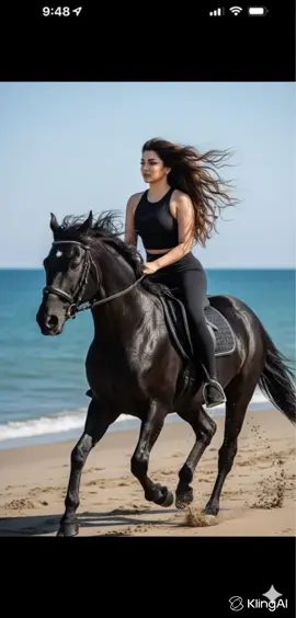 Montando caballo !!!           🌊 🐎 ✨ ✨ Prompt para crear la foto “Fotografía cinematográfica hiperrealista en 8K, formato vertical 9:16. Mujer con el mismo rostro que la referencia, cabello largo oscuro y suelto ondeando con el viento, monta un caballo negro brillante sobre la arena húmeda de una playa. Viste conjunto deportivo negro ajustado (top sin mangas y pantalones elásticos). El caballo avanza con fuerza, mostrando músculos definidos y pelaje reluciente. Fondo con mar azul y cielo despejado, iluminación natural del sol, ambiente elegante, libre y poderoso. Cinemático, realista, sensación de velocidad y energía.” ——————————— 🎬 Prompt para Video  “Video cinematográfico hiperrealista 8K, formato vertical 9:16. La mujer (mantén su mismo rostro) cabalga con elegancia sobre un caballo negro brillante que galopa frente al mar. Su cabello largo y oscuro ondea con el viento mientras el sol ilumina su piel y el pelaje del caballo. El animal se mueve con fuerza y gracia, levantando ligera arena húmeda con sus cascos. El fondo muestra el mar azul reflejando destellos de luz y el cielo despejado. Cámara en movimiento suave lateral, efecto de viento realista, atmósfera libre, elegante y poderosa. Estilo cinematográfico, luz natural, realismo extremo, energía en el aire.” #edición #ia #videos_generados_con_ia #montar_a_caballo #caballo            