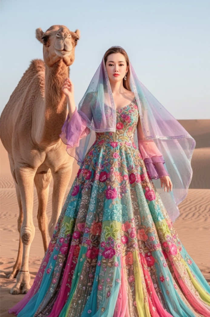 #ai #gemini   Use facial feature of attached photo. A hyper-realistic desert portrait of a poised woman standing beside a camel in golden sand dunes during late afternoon sunlight. The warm tones of the desert contrast beautifully with the vivid colors of her attire. She faces the camera directly, maintaining an elegant posture with her shoulders relaxed and head held high. The camel stands closely to her left side, its calm expression adding harmony to the composition. The scene captures cultural beauty, confidence, and serenity in a glowing desert atmosphere. She wears a vibrant, intricately embroidered gown made of light, flowing chiffon and silk fabrics in a kaleidoscope of colors — turquoise, fuchsia, coral pink, lime green, and gold. Her gown features elaborate beadwork and fine thread embroidery that shimmer softly in the sunlight. A translucent pastel veil in gradient hues of lilac, teal, and rose drapes gracefully over her shoulders and head, catching the breeze lightly. The veil has a delicate iridescent trim and frames her face, enhancing her refined look. The bodice of her dress is rich in texture — adorned with ornate bead patterns, sequins, and floral-inspired stitching that reflect light in subtle sparkles. Her sleeves are sheer and layered, blending pink and purple tones that merge softly into the background hues of the desert. Her makeup is soft yet defined, featuring bronzed tones, subtle contouring, neutral lips, and bold eyeliner that accentuate her gaze. The camel beside her is realistically detailed, with visible fur texture, expressive eyes, and warm brown tones that harmonize with the desert setting. The background showcases rolling sand dunes fading into a pale blue sky, with gentle sunlight casting long, soft shadows that emphasize the texture of the sand. Camera Settings Aspect Ratio: 3:4 (portrait composition) Camera Type: Full-frame DSLR or mirrorless Lens: 85mm f/1.8 portrait lens for smooth bokeh and natural perspective compression Aperture: f/4.5 — moderate depth of field to keep subject and camel sharply focused Shutter Speed: 1/250 sec (to capture sharpness and desert light) ISO: 100 — ensuring color purity and minimal noise Natural sunlight, golden hour tones for warm highlights and soft shadows Light reflected from sand enhances natural glow on skin and fabric White Balance: 5600K (warm daylight tone) Focus Point: Upper torso and face of the woman, with camel slightly behind in shallow focus