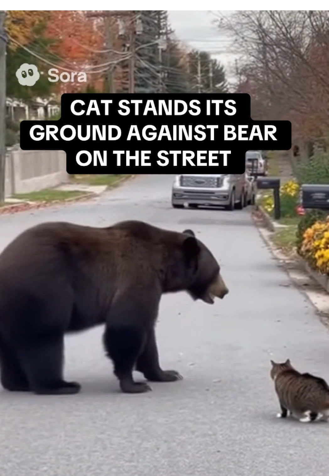 CAT STANDS ITS GROUND AGAINST BEAR ON THE STREET #cute #brave #cat #bear #sora 