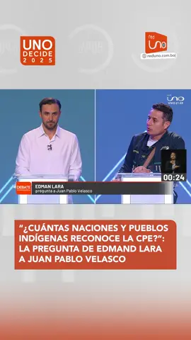 #UnoDecide | “Juan Pablo Velasco, te voy a hacer una pregunta: ¿Cuántas naciones y pueblos indígenas están reconocidos por la CPE?”, lanzó Edmand Lara durante el debate vicepresidencial, sorprendiendo a su rival con una pregunta directa. ▶️ Más información en: www.reduno.com.bo #RedUno #RedUnoDigital #Notivisión #Bolivia #Noticias #Viral