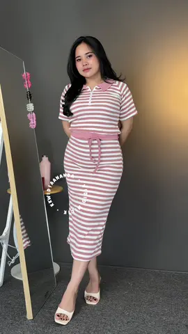 Rekomendasi one set setelan rok motif salur bahan rib melar #oneset #setelanwanita #onesetmurah 