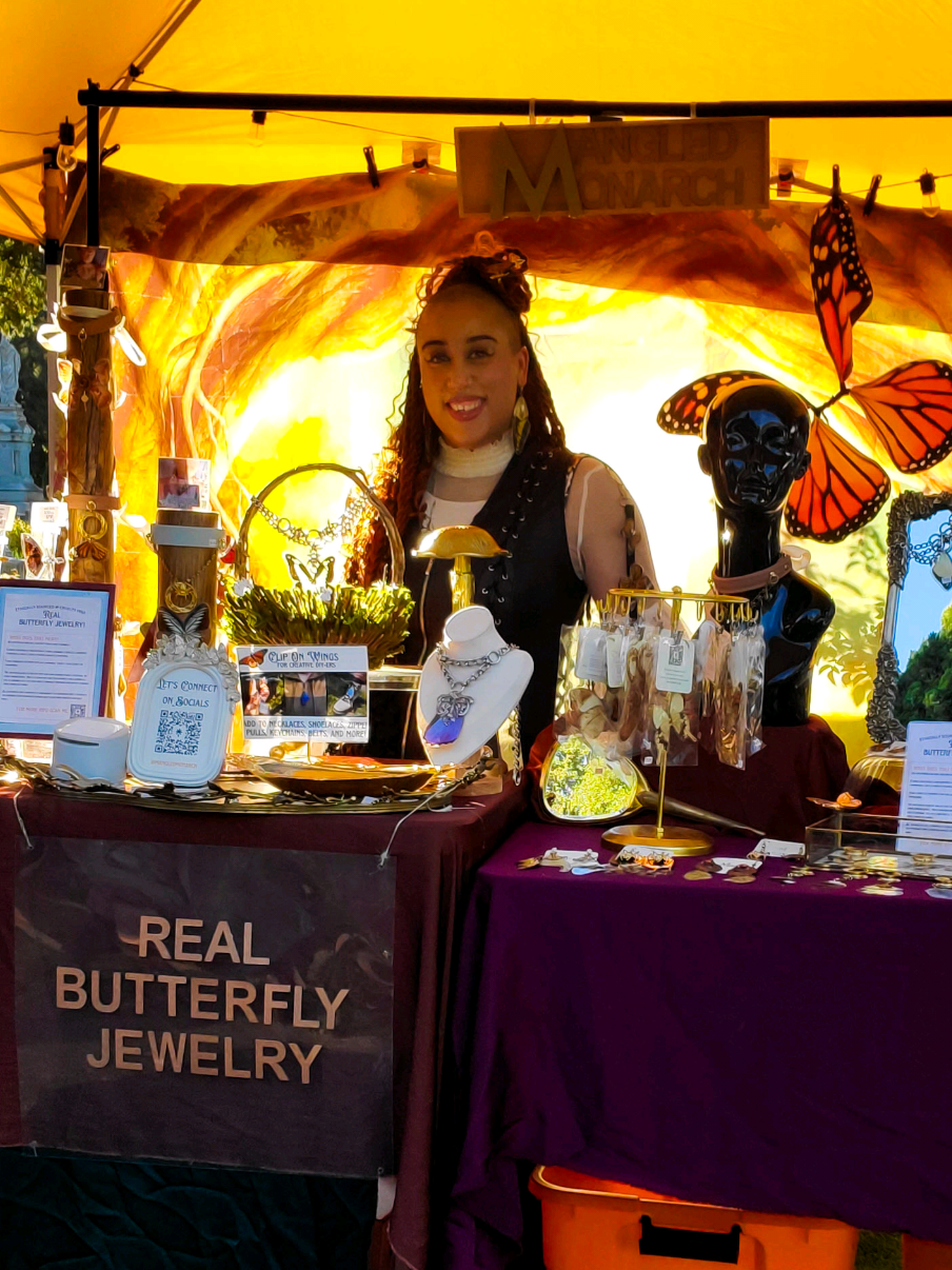 Come shop IRL for real butterfly wearable art (ethically sourced & cruelty-free). I tediously handcraft choker necklaces, earrings, hair clips, harnesses, tote bags, stationary, and more to act as whimsical talismans for anyone wanting to romanticize their lives and boldy express themselves. XL THANK YOU for choosing a black and queer owned 🏳️‍🌈✊🏽 small business 🦋🧚🏽 to support your bold self-expression through fashion and accessories. -Lore (THEY/she) #fairycore #lgbtqiaplus #fantasylover #SmallBusiness #odditytok 